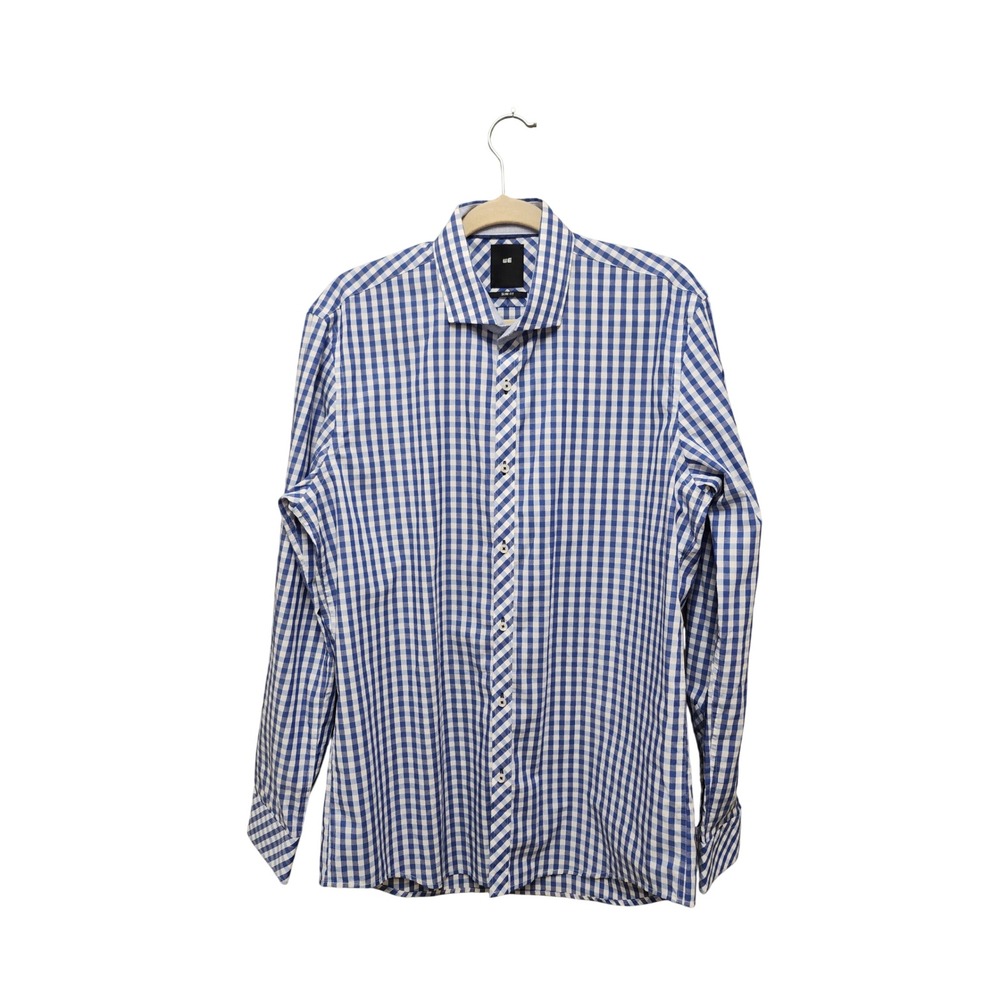 Preppy WE Fashion Mens Blue White Gingham Slim Fit Cotton Shirt Size 42